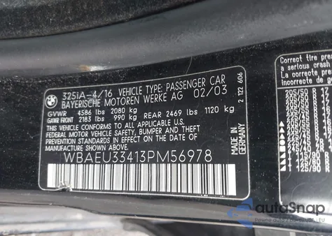 2003 BMW 325Xi z USA, uszkodzony, nr VIN WBAEU33413PM56978